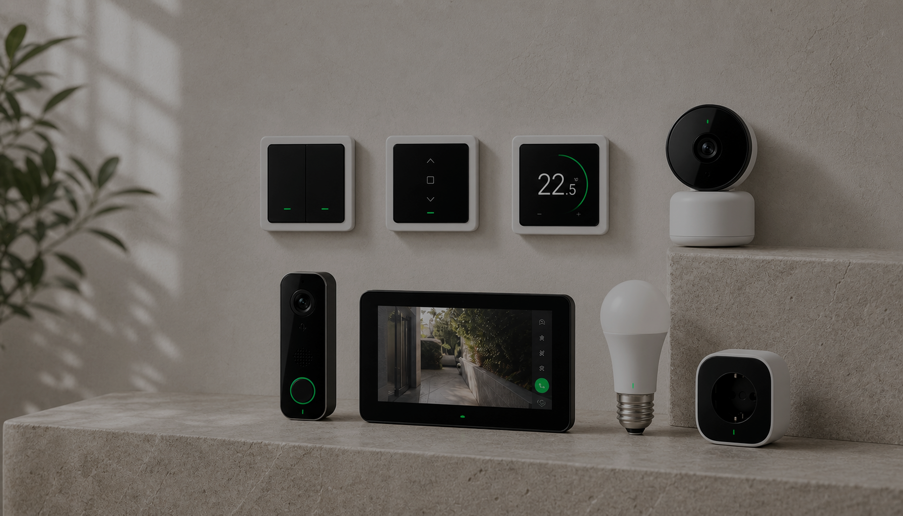 Collection TEKEOS avec interrupteur, volet, thermostat, caméra, vidéophone, ampoule et prise connectée