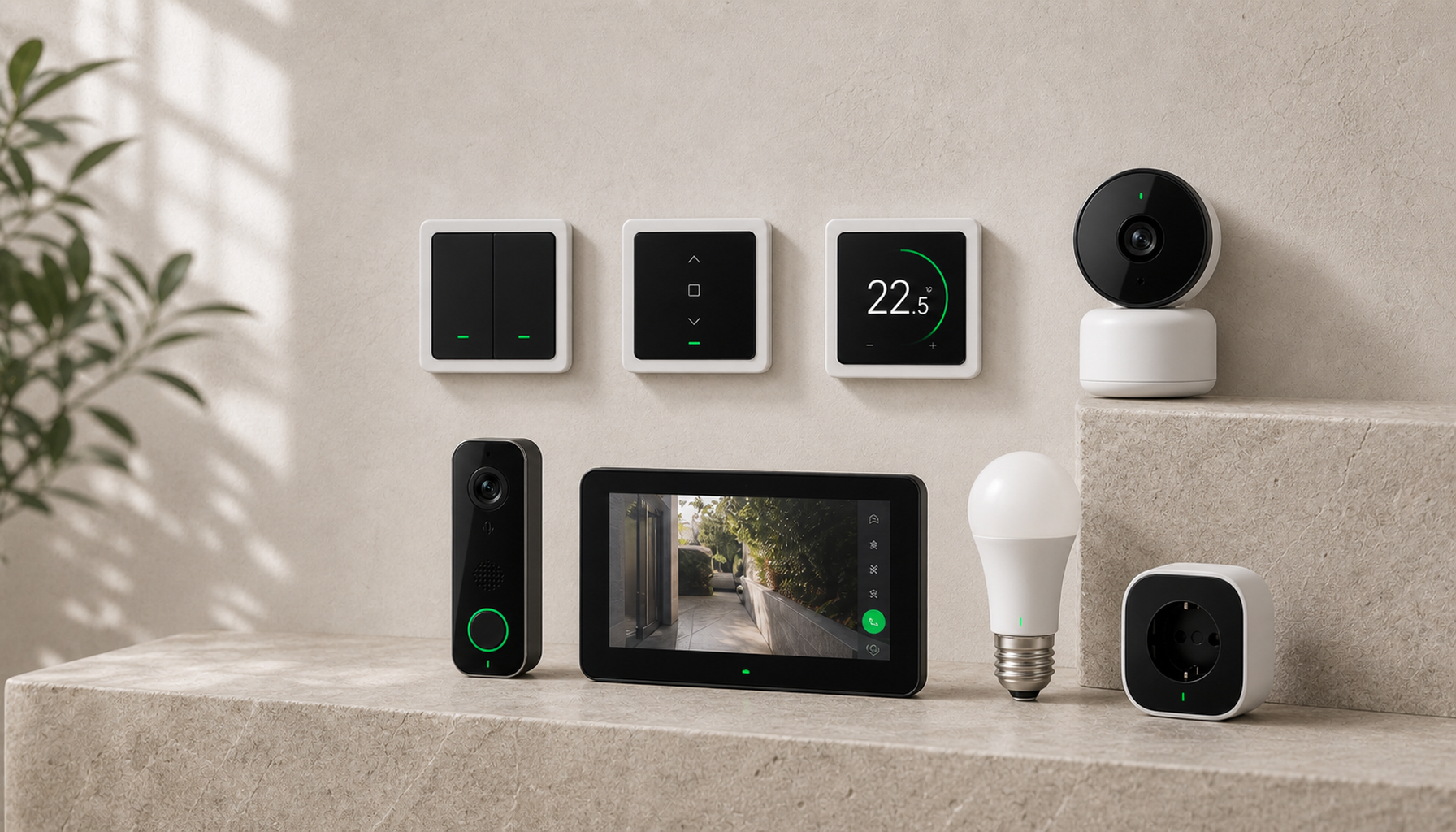 Collection TEKEOS avec interrupteur, volet, thermostat, caméra, vidéophone, ampoule et prise connectée
